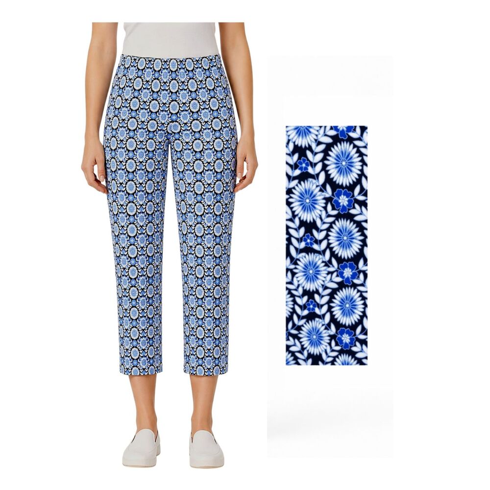 Talbots Blue & White Geometric Floral Pants Size 8 Pull On NWOT